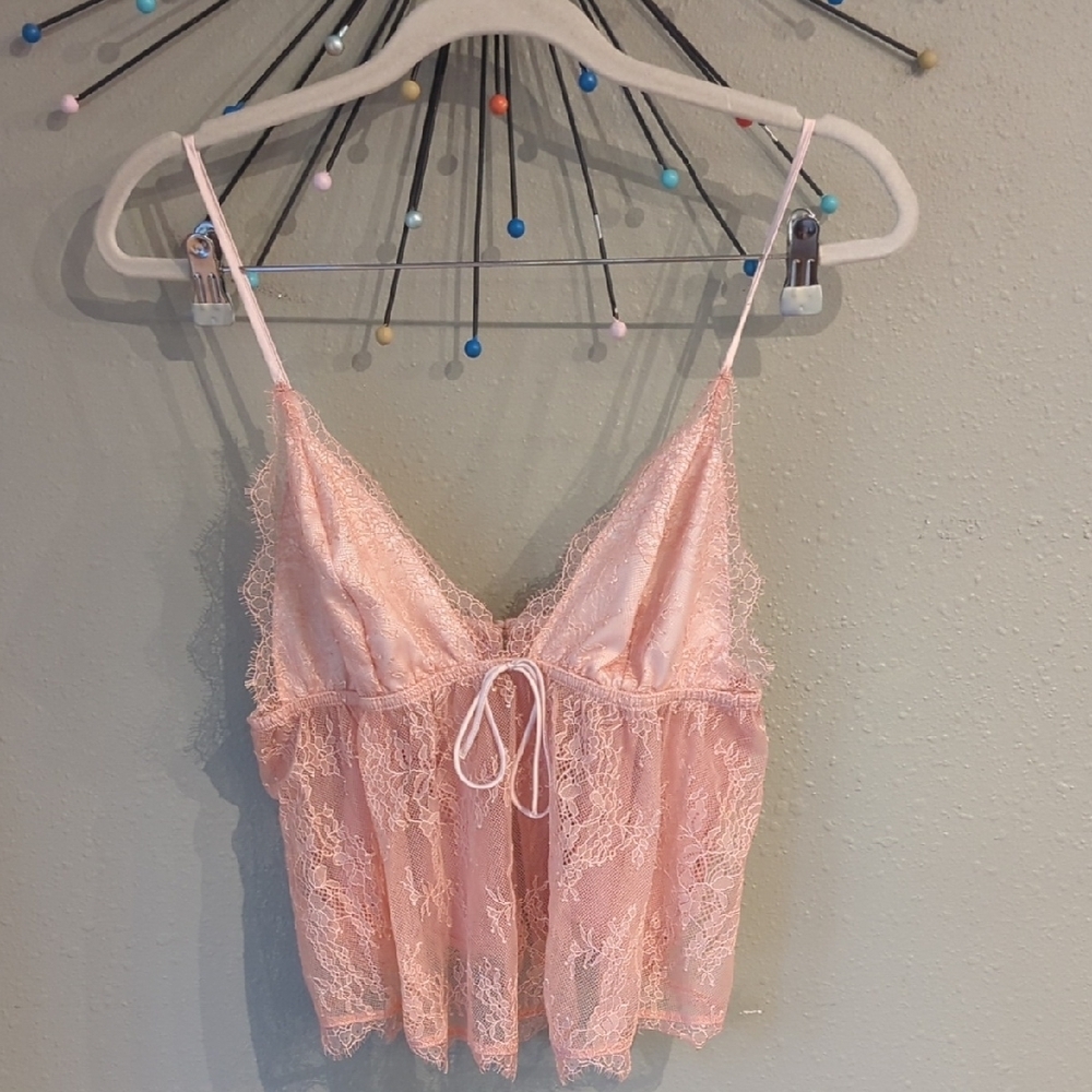 Festival Pink Sheer Strap Lace Satin Top Coquette Baby Doll Top Fairy